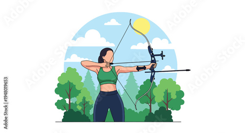 Modern vector illustration of archery training session in forest clearing during spring season