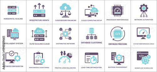 Cloud computing and network optimization icons set for business and technology concepts