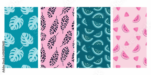Four vertical panels displaying colorful tropical fruit and leaf patterns