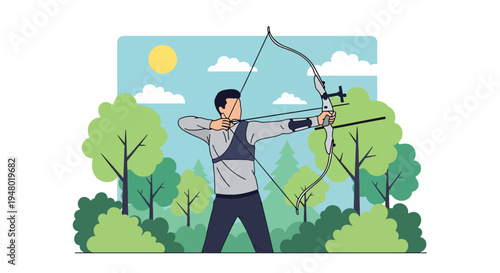 Modern vector illustration of archery training session in forest clearing during spring season