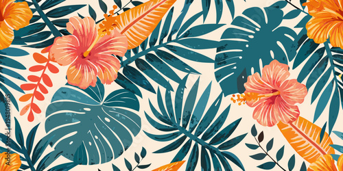 Tropical hibiscus and monstera leaves create a vibrant floral pattern