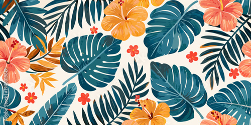 Tropical leaves and hibiscus flowers create a vibrant repeating pattern