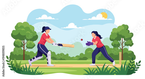 Modern vector illustration of cricket game played in community field surrounded by fresh green spring scenery