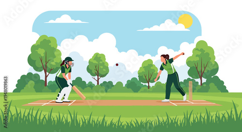 Modern vector illustration of cricket game played in community field surrounded by fresh green spring scenery