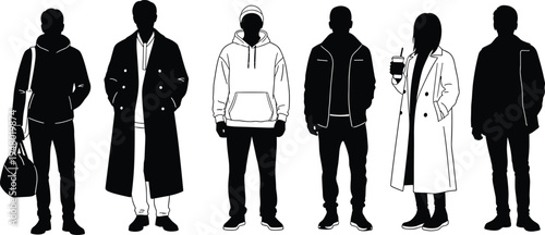 Urban people silhouettes, diverse standing characters, casual fashion lifestyle, modern city pedestrians, men and woman outline, street style concept