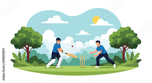 Modern vector illustration of cricket game played in community field surrounded by fresh green spring scenery