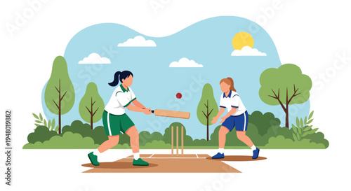 Modern vector illustration of cricket game played in community field surrounded by fresh green spring scenery