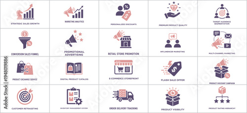 E-commerce marketing and sales strategy icons set for business growth and optimization