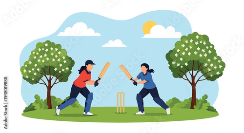 Modern vector illustration of cricket game played in community field surrounded by fresh green spring scenery