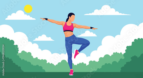 Modern vector illustration of a woman in outdoor aerobics session at community park during sunny spring day