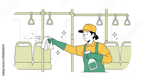 Cleaner sanitizing public transport interior, ensuring hygiene and safety for passengers