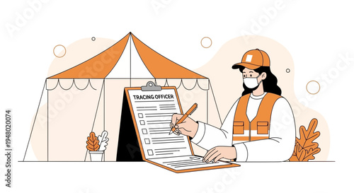 Contact Tracing Officer in Vest and Mask at Tent Filling Out Form