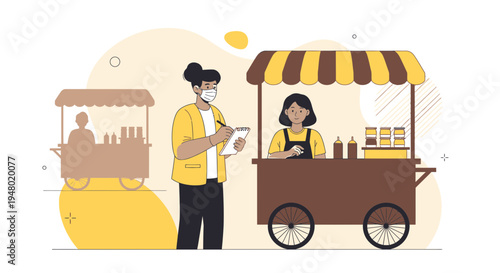 Customer wearing mask orders from food cart vendor, social distancing during pandemic