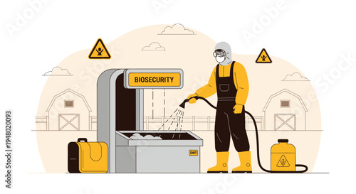 Biosecurity farm worker in protective suit disinfecting equipment at farm entrance