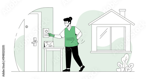 Delivery person wearing mask rings doorbell at house entrance, contactless delivery concept