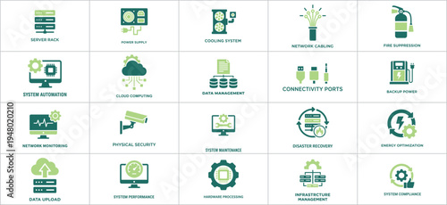 Data center and IT infrastructure icons set for server room and network management