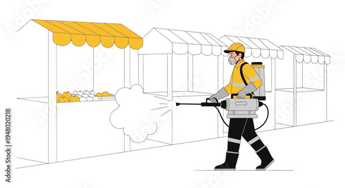 Disinfection worker spraying market stalls for virus prevention