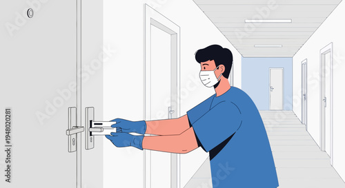 Doctor in mask and gloves checking temperature with thermometer in hospital corridor