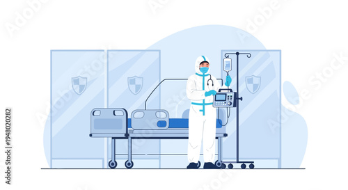 Doctor in Hazmat Suit with Medical Equipment in Hospital Room, COVID-19 Concept