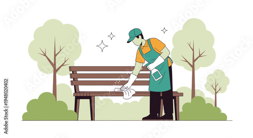 Gardener cleaning park bench with cloth and spray, maintaining public space cleanliness