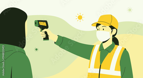 Health worker in mask checks temperature with infrared thermometer, pandemic screening