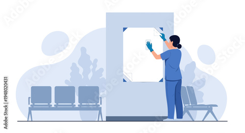 Healthcare worker cleaning a poster in a waiting room, emphasizing hygiene and safety.