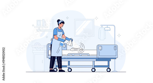 Healthcare worker cleaning hospital bed, hygiene and sanitation concept