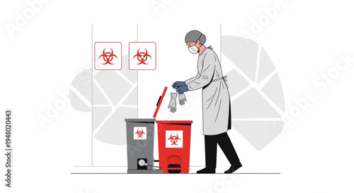 Healthcare worker disposing of biohazard waste in red and gray bins with biohazard symbols