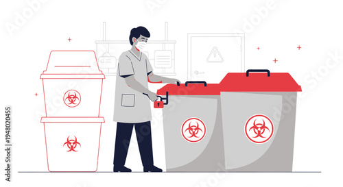 Healthcare Worker Disposing of Biohazard Waste in Red and White Bins