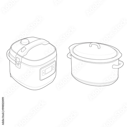 Isometric line illustration of rice cooker and slow cooker kitchen cooking appliances.