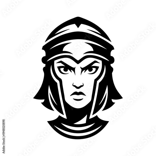 Logo mujer guerrera de fantasía. Icono con cara de mujer con casco de legionario romano.