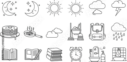 Black and white outline everyday objects icon set including weather food school bathroom cleaning elements
