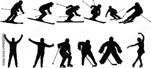 Winter sports athlete silhouettes, skiing skating hockey action poses collection, ice sport figures, black isolated vector illustration set