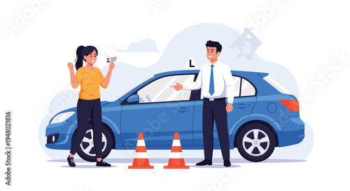 Joyful young woman celebrates receiving her drivers license from an instructor next to a blue car on a driving course.