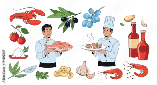 Professional chefs present fresh fish and gourmet dishes surrounded by various Mediterranean cooking ingredients.