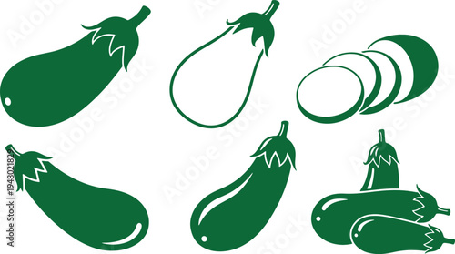 A collection of dark green minimalist eggplant icons featuring whole and sliced vegetable shapes
