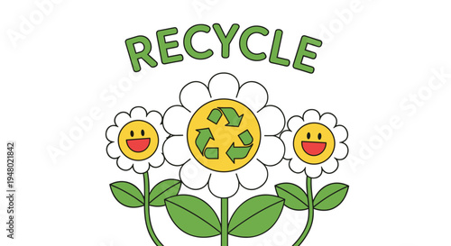 Happy daisies with smiling faces advocate for environmental protection with a green recycling symbol on a flower.
