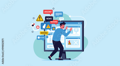 Stressed man feels overwhelmed by too many digital notifications, news alerts, and urgent warnings on his computer.