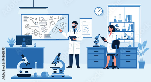 Two scientists in white lab coats conduct research in a modern laboratory filled with chemical equipment and data.