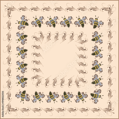Vector floral seamless border patterns from hand painted bee insects and herbs on a beige background. 3 pattern brushes in the brush palette