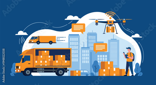 Logistics and delivery concept showing a city with trucks, a drone, packages, and a worker managing transport data.