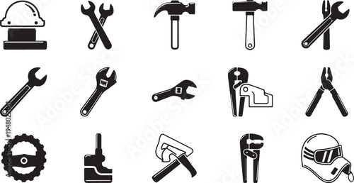 A collection of black and white silhouette icons representing various construction work tools