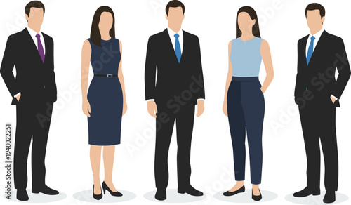 Diverse group of faceless business professionals in formal office attire and suits standing in confident corporate poses.