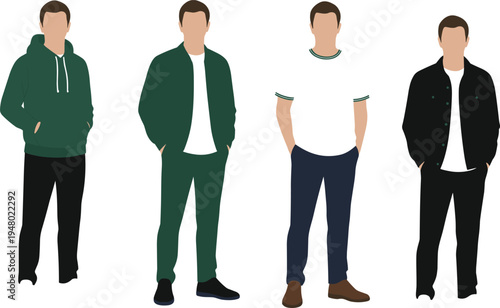Diverse faceless business people character set wearing smart casual and professional attire standing in communicative poses isolated flat vector illustration.