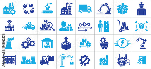 Collection of industrial and logistics icons in blue shades