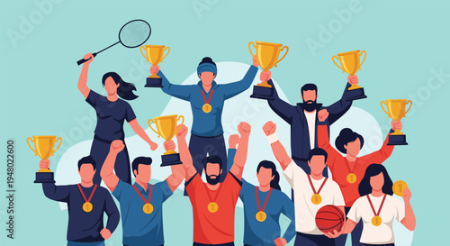 Group of successful diverse athletes celebrate their championship victory with trophies, medals, and sports gear.