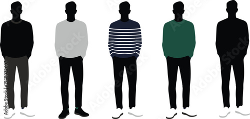 Set of faceless male character silhouettes wearing casual sweaters and long sleeve shirts standing in confident poses isolated flat vector.