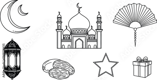 Iconic islamic cultural symbols and festive line crescent moon minaret
