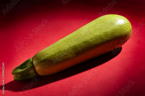 one zucchini on red background