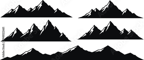 Black silhouette mountain ranges on white background